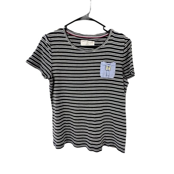 🌸3/$15🌸Blue and White Tommy Striped Shirt with Denim Blue Front Pocket sz L - Picture 1 of 5